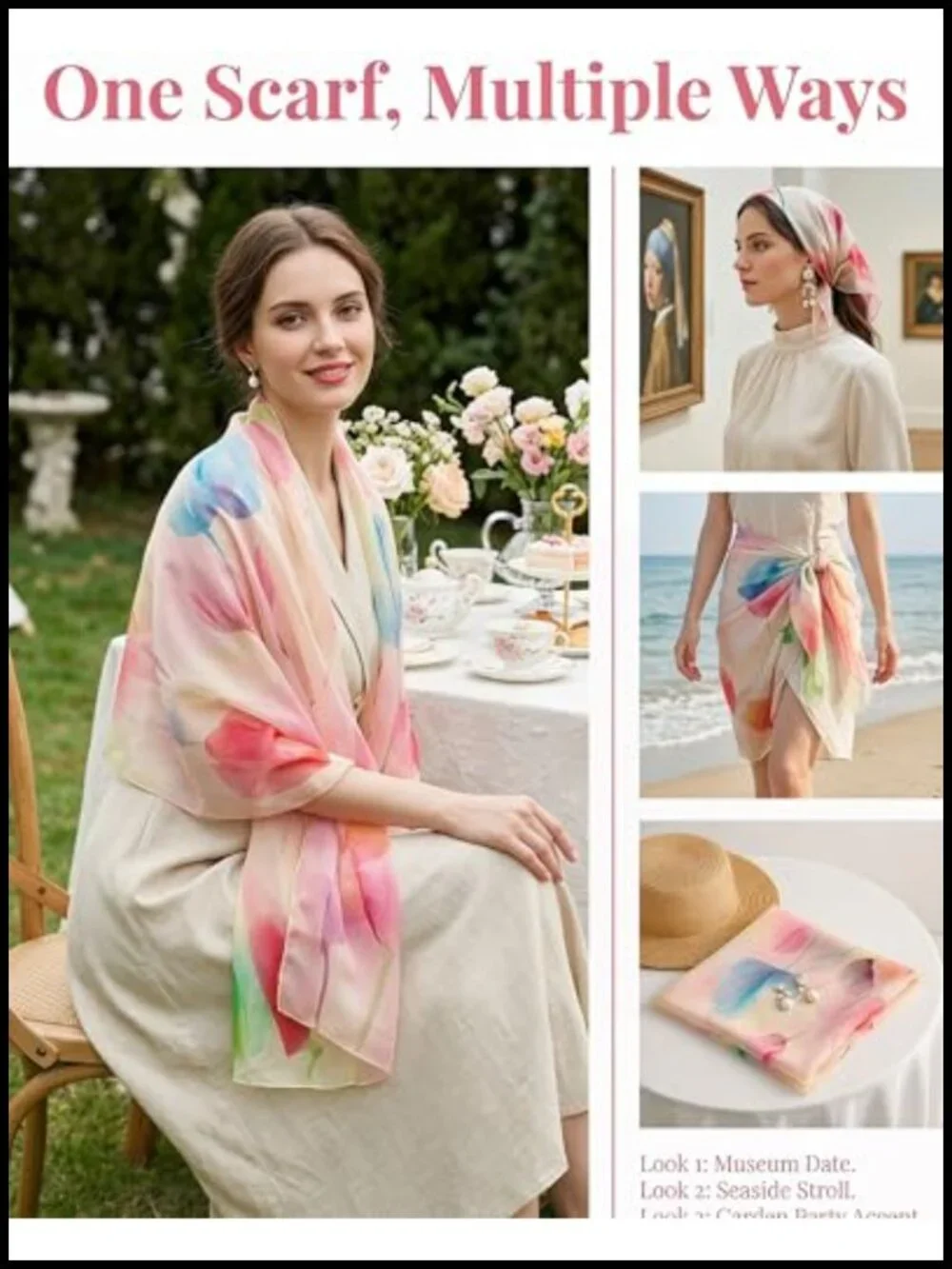 100% Mulberry Silk Chiffon Scarf, 69x43 Large Shawl Wrap for Women